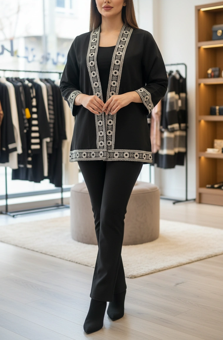 مانتو مشکی نوار دوزی شده  کرپ | مدل سنتی 75 سانت | سایز 38 تا 48