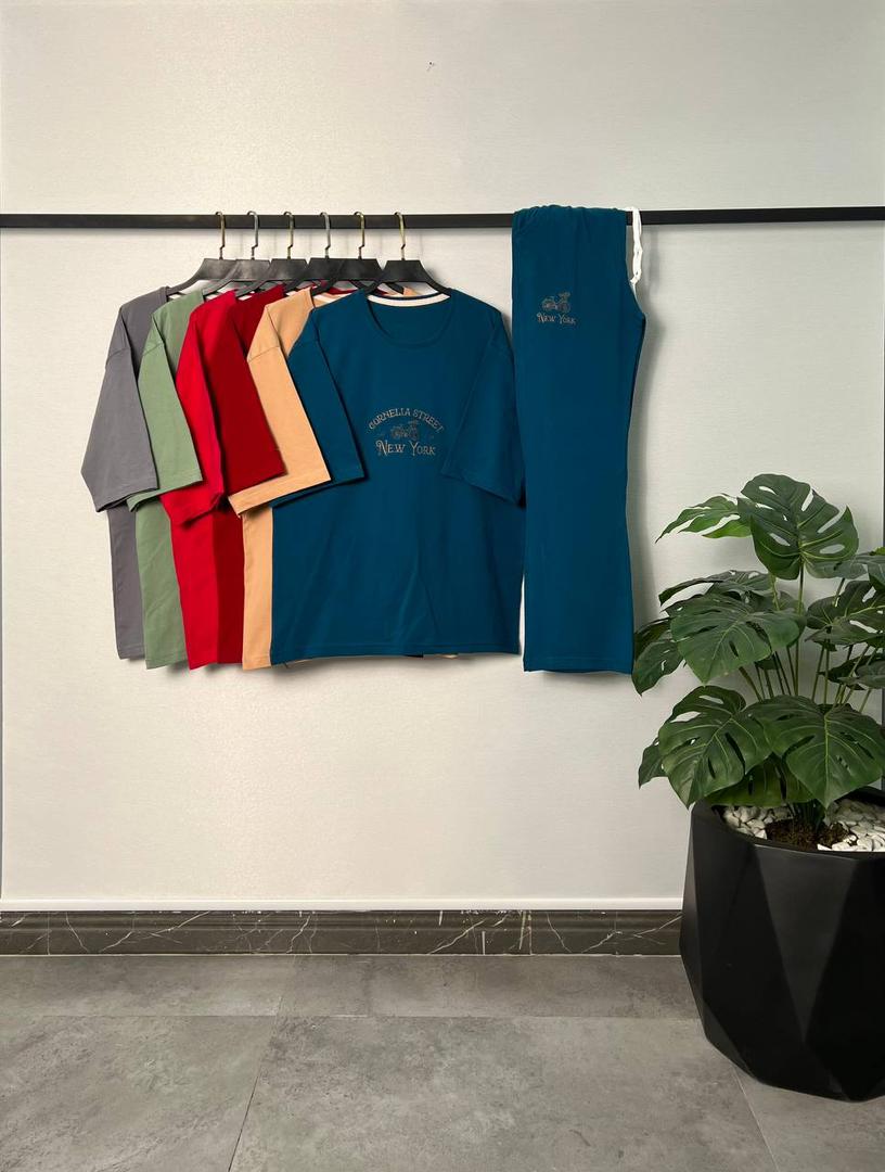 ست تیشرت لانگ و شلوار بگ گلدوزی زنانه  طرح NEW YORK