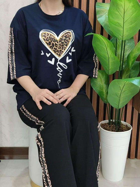 ست تیشرت آستین سهربع و شلوار بگ زنانه طرح قلب - پارچه سوپر گلکسی ترک - فری سایز ۴۰ تا ۵۰ - ۸ رنگ کپی کپی