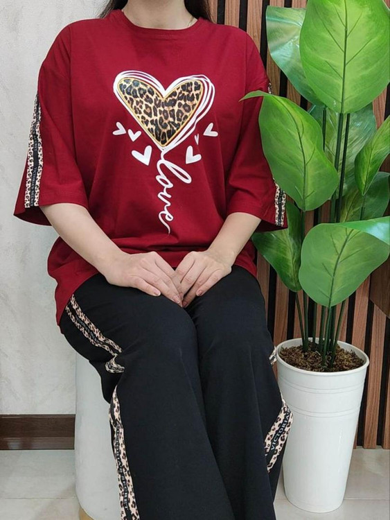 ست تیشرت آستین سهربع و شلوار بگ زنانه طرح قلب - پارچه سوپر گلکسی ترک - فری سایز ۴۰ تا ۵۰ - ۸ رنگ کپی کپی