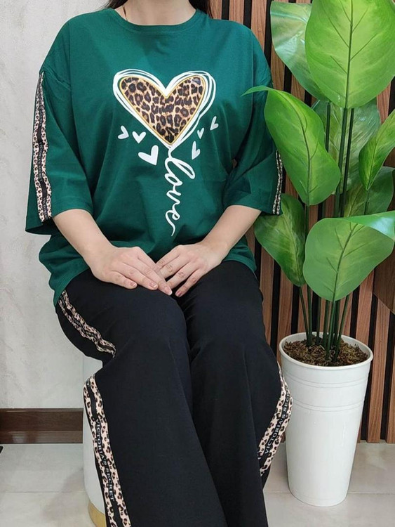 ست تیشرت آستین سهربع و شلوار بگ زنانه طرح قلب - پارچه سوپر گلکسی ترک - فری سایز ۴۰ تا ۵۰ - ۸ رنگ کپی کپی