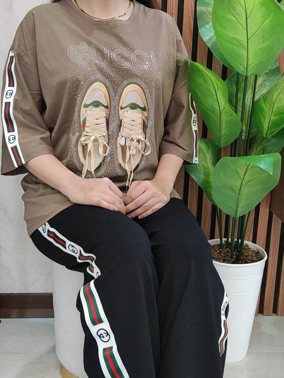 ست تیشرت آستین سه ربع و شلوار زنانه طرح گوچی (1)