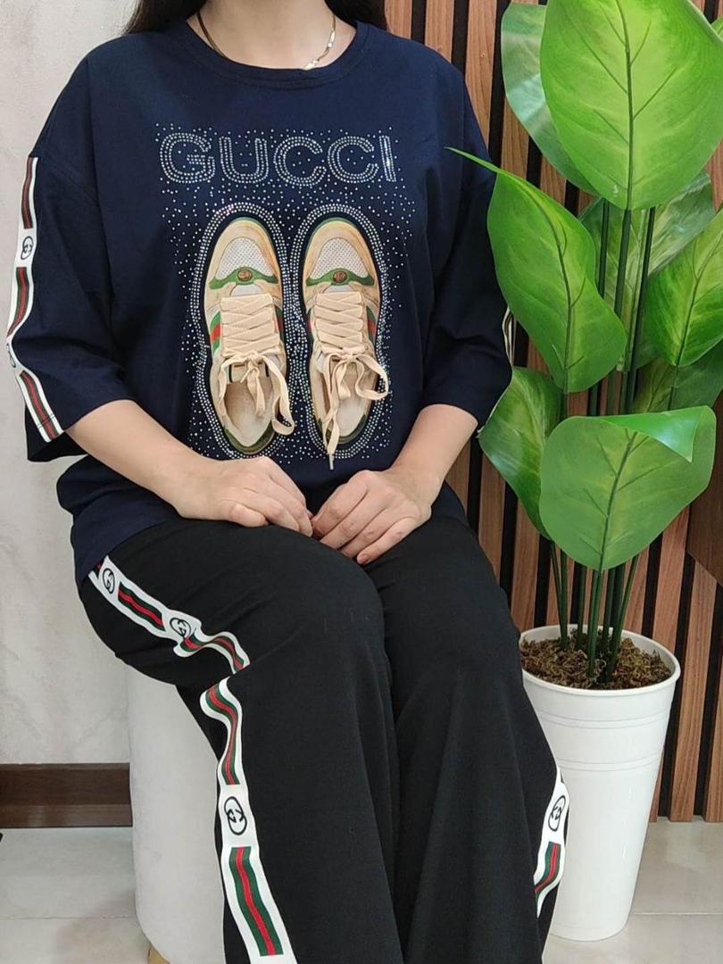 ست تیشرت آستین سه ربع و شلوار زنانه طرح گوچی (1)