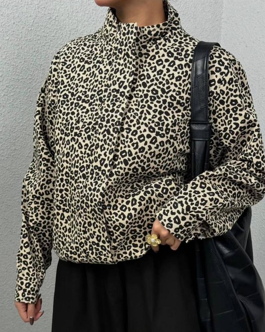 جکت زنانه یقه دار پلنگی - کتان گرم فری سایز 38 تا 46 - طرح لئوپارد