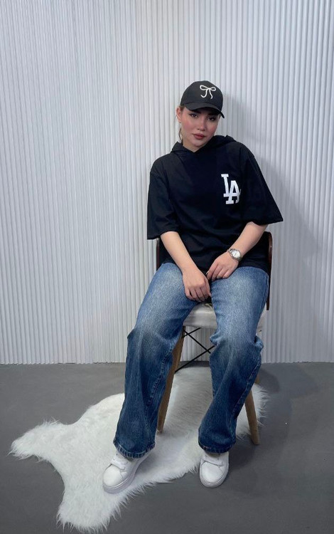 تیشرت باکسی کلاهدار طرح LA - پنبه ۱۰۰٪ - ۶ رنگ - سایز ۴۰ تا ۵۰