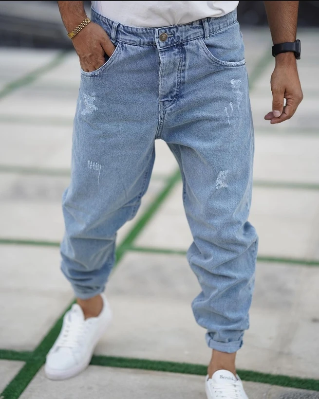 شلوار جین مام فیت آبی یخی