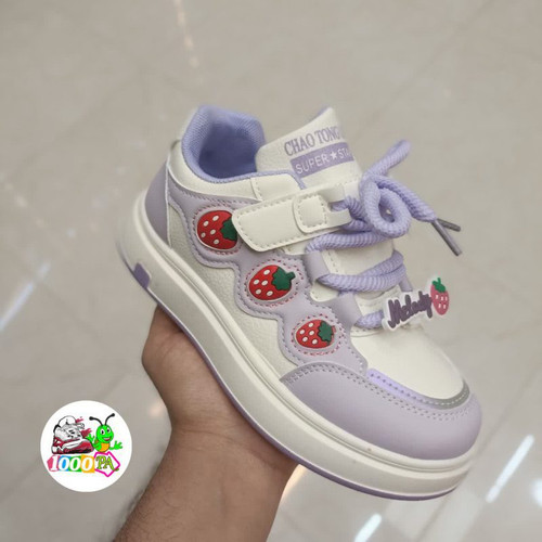 کتونی بچگانه وارداتی طرح توت فرنگی - کد 159 - چسبی بندی - زیره طبی سایز 32 تا 37 ( قسطی) - بنفش