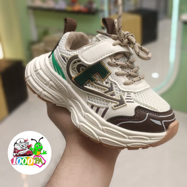 کتونی بچگانه وارداتی چسبی - بند تزئینی - زیره طبی - سبک نرم و راحت - کد 143 - قهوه ای