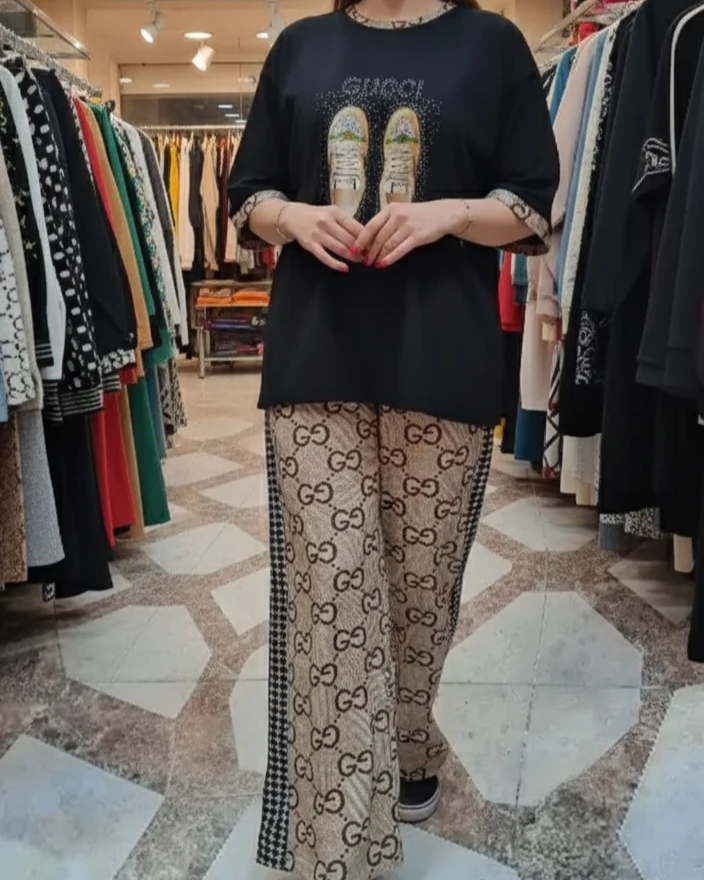 ست تیشرت و شلوار  لانگ آستین سه ربع گوچی نگین دار