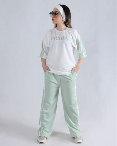 ست تی شرت لانگ باکسی و شلوار prada گلکسی پنبه 38 تا ۴۸ نرم و با کیفیت