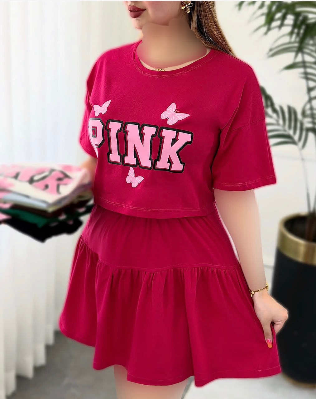کراپ و دامن ست Pink  پنبه گرم بالا