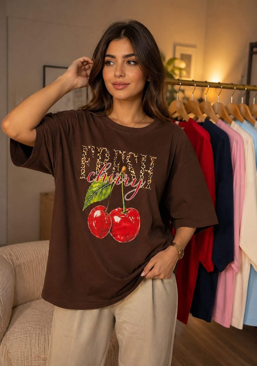 تیشرت باکسی لش طرح چری سوپر پنبه لاکرا کیفیت اعلا
