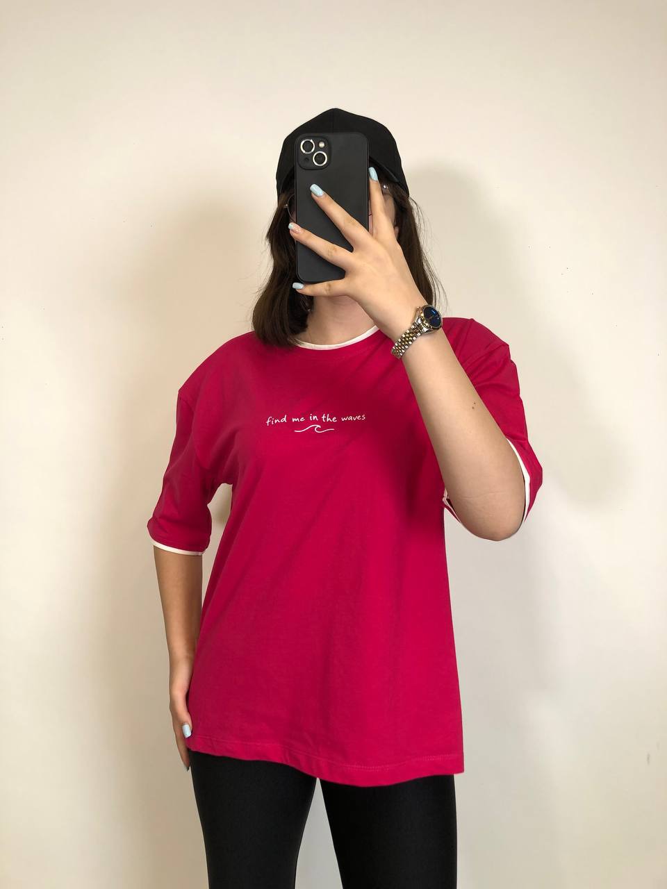 تیشرت باکسی یقه و سرآستین دوبل طرح find me in vawes