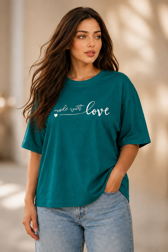 تیشرت باکسی لش آستین سه ربع طرح love 38 تا 50