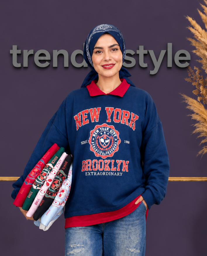 پولوشرت زنانه دولایه دورس سه نخ طرح نیویورک New York بدون پرزدهی